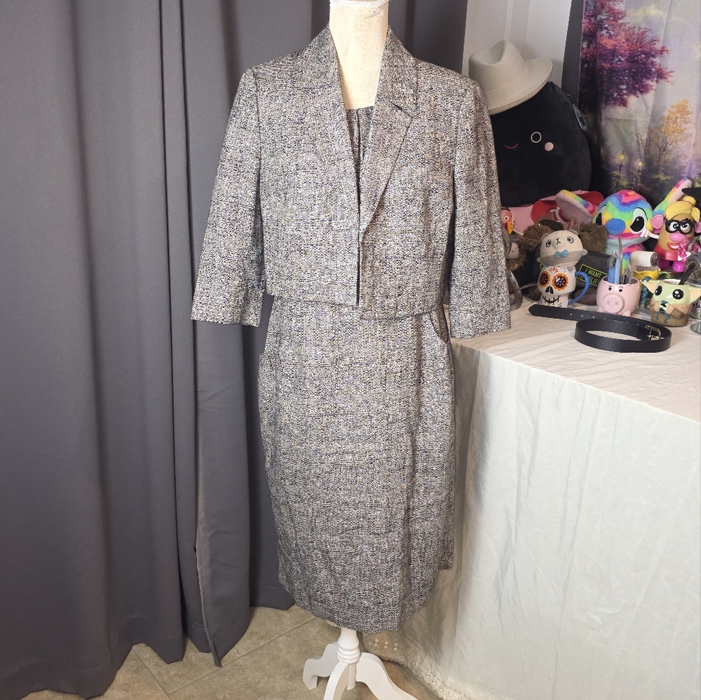 Kasper Linen-Blend Tweed Sheath Dress + Cropped Jacket‎ Set Size 10 Workwear